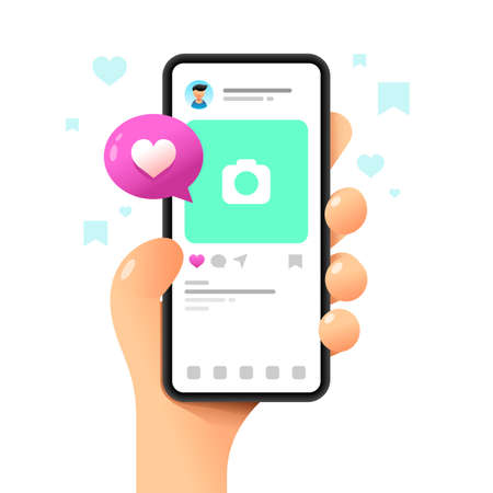 Smartphone mockup in human hand. Post in application. Vector colorful social media illustration