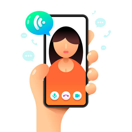 Smartphone mockup in human hand. Online voice call. Vector colorful social media illustrationのイラスト素材