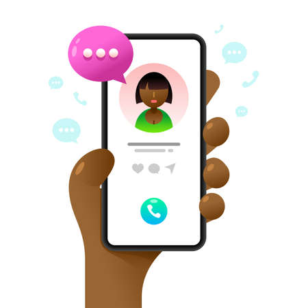 Smartphone mockup in human hand. Calling to contact. Vector colorful social media illustrationのイラスト素材