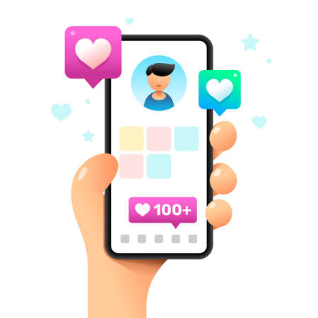 Smartphone mockup in human hand. Profile screen with a lot of likes. Vector colorful social media illustrationのイラスト素材