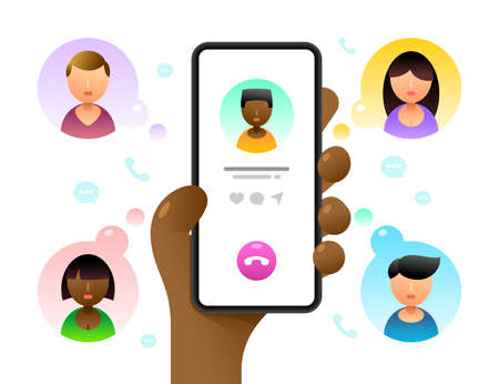 Smartphone mockup in human hand. Conference call. Calls to a lot of contatcs. Vector colorful social media illustrationのイラスト素材