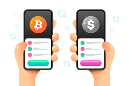 Smartphone mockup in human hand. Exchange operation. Online converting bitcoin and dollar. Vector colorful cryptocurrency illustrationのイラスト素材