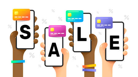 Smartphone mockup in human hand. People buying goods with credit card. Sale. Vector online shopping illustrationのイラスト素材