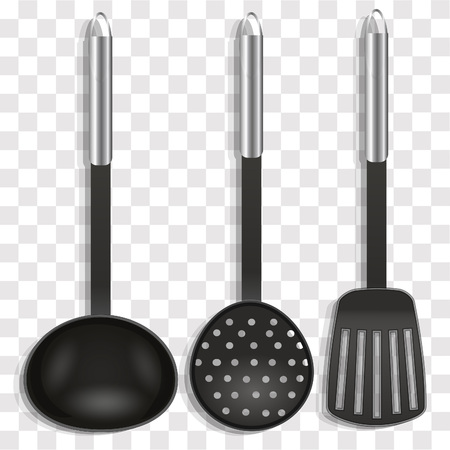 Realistic kitchen silver cooking tools set with potato masher whisk spoon ladle spatula and skimmer isolatedのイラスト素材