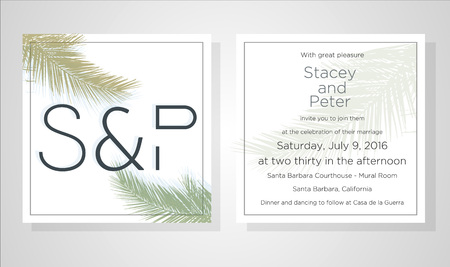 Wedding Invitation, floral invite thank you, rsvp modern card Design: green tropical palm leaf greenery eucalyptus branches decorative wreath and frame pattern. Vector rustic template.のイラスト素材