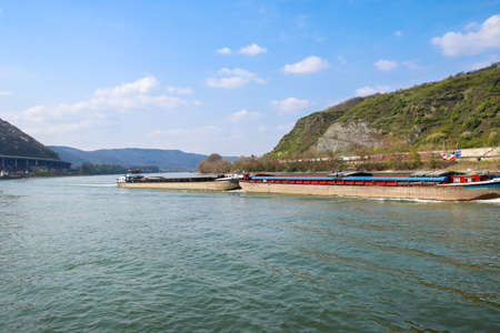 Large boat on the Rhine River near Andernach, Germany on a sunny spring day.のeditorial素材