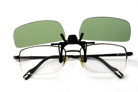 Polarized clip on flip up plastic sunglasses, rectangle  Green  Isolation on white 