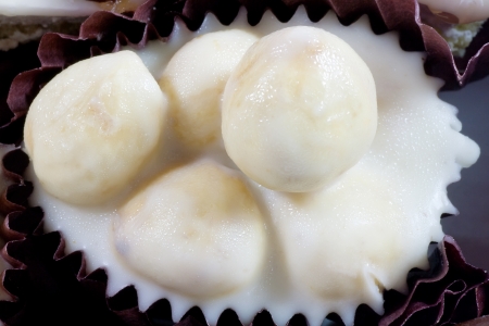 Dessert cups filled with hazelnut  Close up  Horizontalの写真素材