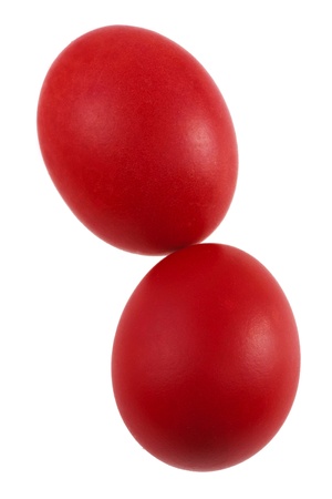 Two red easter eggs on a white background  Close up view の写真素材