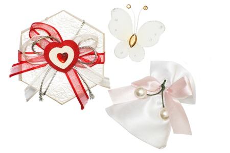 Gift collections  Gift box, small white bag with pearls and butterfly  Isolation on white の写真素材