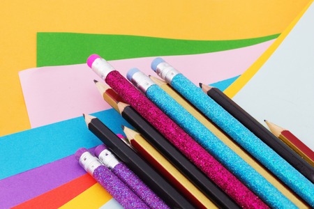 School Supplies. Pencils Over Paper in More Colors.の写真素材
