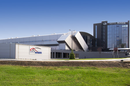 SKOPJE - AUGUST, 31: New sports complex Jane Sandanski and new Hotel Russia, August, 2014 in Skopje, Macedonia.のeditorial素材