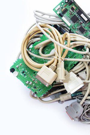 Old Connecting Cables and Adapters on White Background.