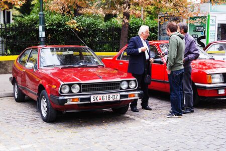 SKOPJE MACEDONIA - SEPTEMBER 29 2018: Retro car and motorbikes on exhibition of vintage auto. The...