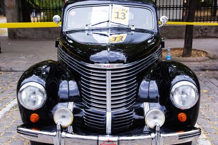 SKOPJE MACEDONIA - SEPTEMBER 29 2018: Retro car and motorbikes on exhibition of vintage auto. The exhibition called Old Timer Car Show September 29 2018 in Skopje.のeditorial素材