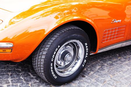 SKOPJE MACEDONIA - SEPTEMBER 29 2018: Retro car and motorbikes on exhibition of vintage auto. The...