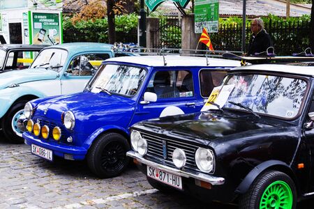 SKOPJE MACEDONIA - SEPTEMBER 29 2018: Retro car and motorbikes on exhibition of vintage auto. The...