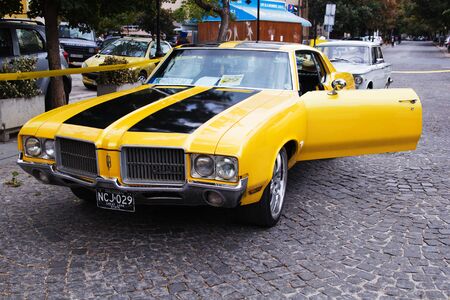 SKOPJE MACEDONIA - SEPTEMBER 29 2018: Retro car and motorbikes on exhibition of vintage auto. The exhibition called Old Timer Car Show September 29 2018 in Skopje.のeditorial素材