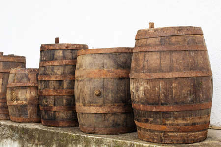 Ancien wooden barrels. Very old traditional barrels from Macedonian village.