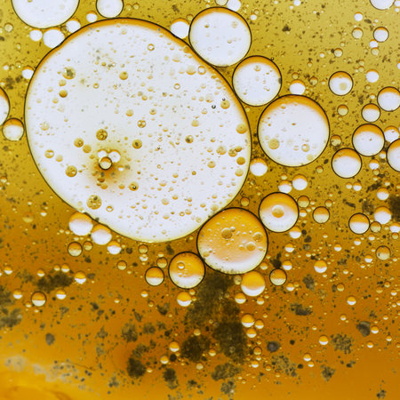 Abstract background with liquid and drops over a blurred backdrop, close up.