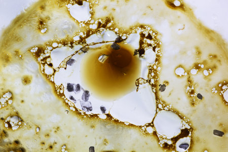 Abstract background with liquid and drops over a blurred backdrop, close up.