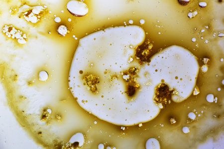 Abstract background with liquid and drops over a blurred backdrop, close up.の写真素材