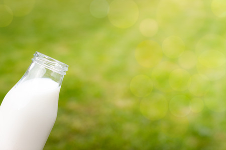 Bottle of milk outside with green backgroundの写真素材