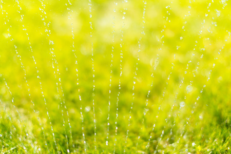 Water splashes and bokeh from watering the grass with sprinklerの写真素材