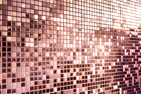 Perspective of pink rose gold square mosaic tiles for texture backgroundの写真素材