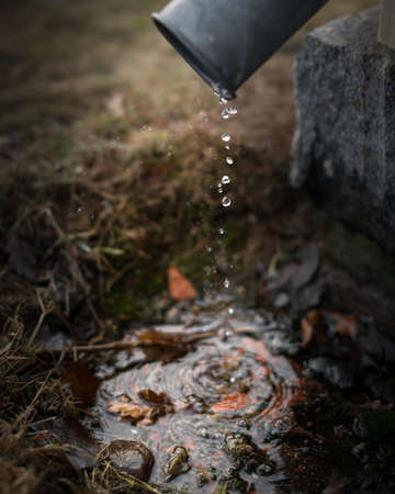 Water dripping from drainpipe at a house. Old leaves on the ground in a puddle and you can see the drops of water falling.の写真素材