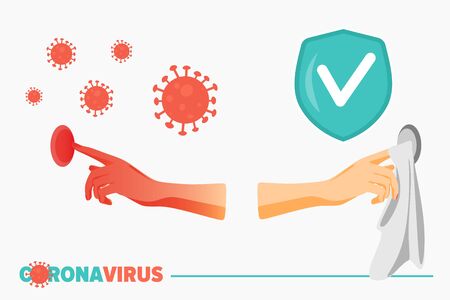 Medical infographics. How on Elevator, pressing a button spreads the global coronavirus - pandemic, covid-19. Vector illustration isolated.のイラスト素材