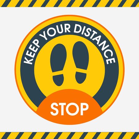 Keep Your Distance. Yellow round floor marking shoe prints social distancing Instruction Icon.のイラスト素材