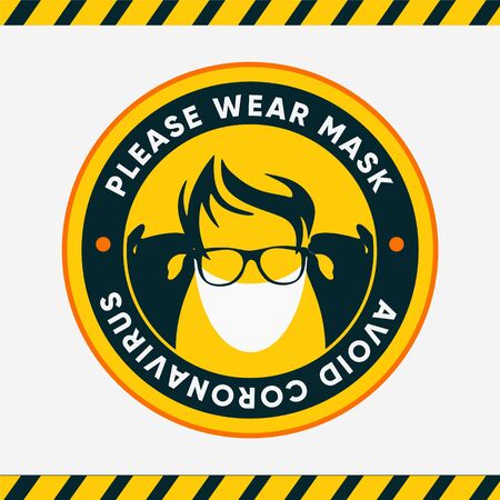 Flat yellow and black round symbol. Please wear Mask for safety from coronavirus. Vector stock image. Stickers for public places where there are a lot of people. Pandemic outbreak warning symbol.のイラスト素材