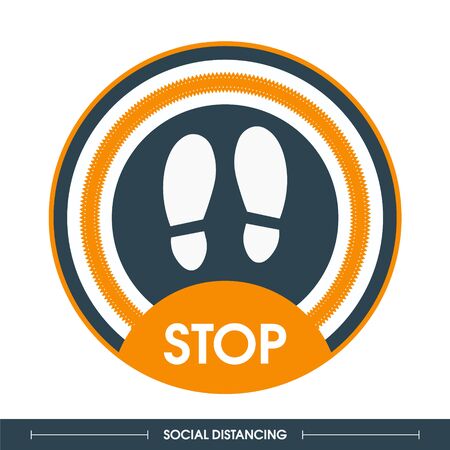 Stylish orange round floor marking Shoe prints. Social distancing instruction icon. Vector image. Stickers for public places where there are a lot of people. In ethnic style. Flat design.のイラスト素材