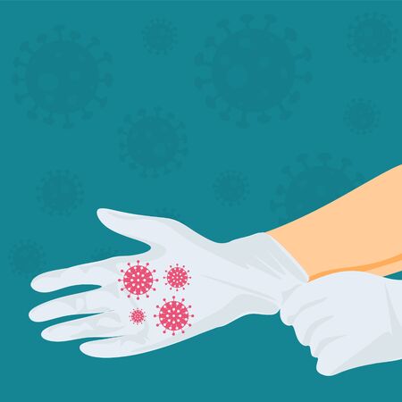 Male hands close-up. Wearing white surgical gloves. As a symbol of protection against viruses and bacteria. There are viral bacteria on the gloves. For social networks and advertising.のイラスト素材