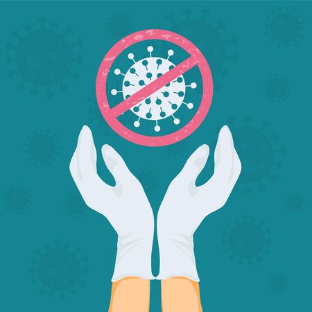 Stop coronavirus symbol. Hands close-up. Wearing white surgical gloves. As a symbol of protection against viruses and bacteria.のイラスト素材