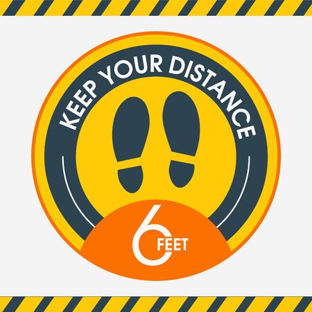 Social distance.Please keep your distance. Stay 6 feet apart. Yellow Information stickers. Round yellow floor marking shoe prints. Social distancing Instruction Icon. Vector Image. For public places.のイラスト素材