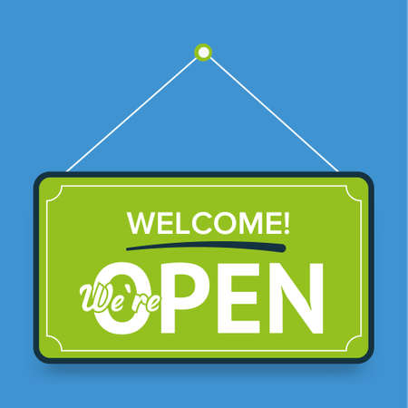 Banner Welcome, we are open. Opening again after quarantine precaution from Coronavirus COVID-19. Vector illustration. For shop window door for print.のイラスト素材