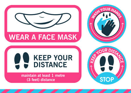 Banner sign. Sticker Wear a face mask. Foot sticker in circle Keep your distance. Wash your hands. Maintain distance mark. To prevent coronavirus, pandemics, covid-19 or other viruses.のイラスト素材