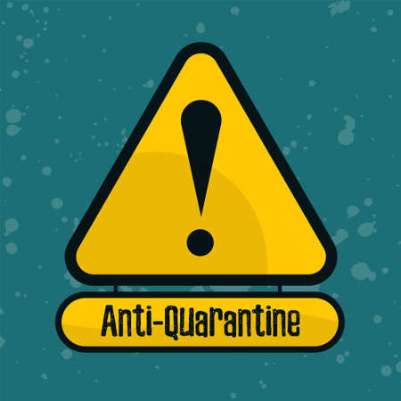 Square banner with a yellow sign. An exclamation mark that says Anti-quarantine. Against the quarantine. Strike. For informing and notifying, printing and social networksのイラスト素材