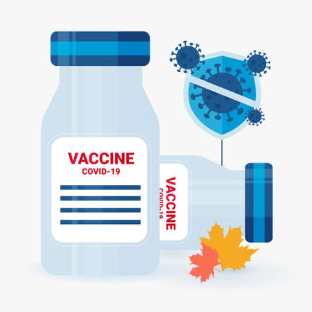 Vaccine co vid-19 in a jar ampoule. Square banner of the concept of stopping coronavirus in the fall. Antiviral drug. Isolated on a white background. For magazine articles, presentations, and design on medical topicsのイラスト素材