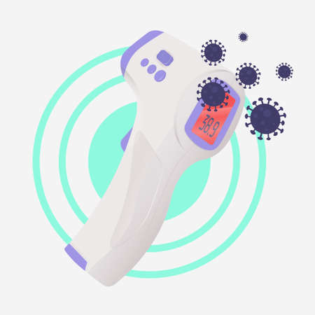3d Realistic Contactless electronic thermometer for temperature measurement, red danger indicator shows high temperature, with coronavirus molecules. Digital vector illustration.のイラスト素材
