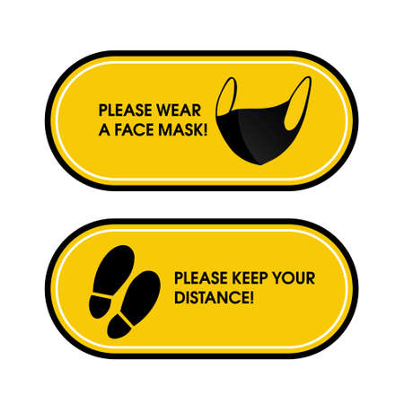 Please wear a face mask. Please keep your distance. Supporting distance, floor tape, shopping malls, schools, hospitals, elevator. For opening businessのイラスト素材