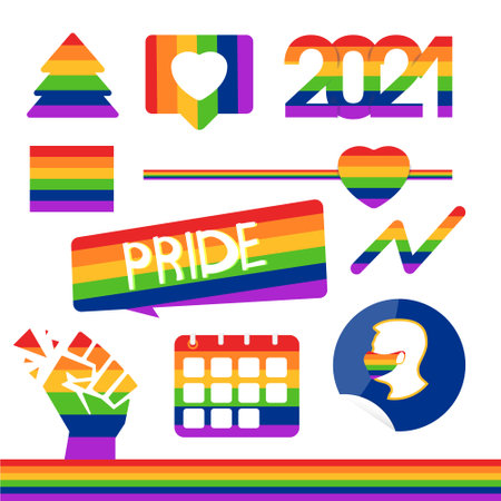 Symbols of pride of LGBT gays and lesbians, heart. Icon template. 2021, mask, fist. Modern flat vector illustration stylish design element.のイラスト素材