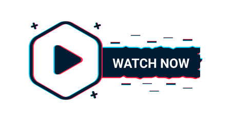 Watch now geometric button. Play video sign with cyber glitch effect.のイラスト素材