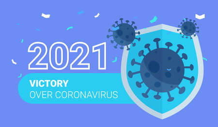 Concept: the covid-19 is finished. 2021 VICTORY over coronavirus. Use for articles and websites on coronavirusのイラスト素材