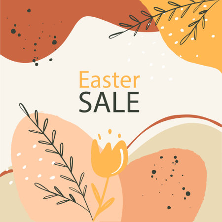 Easter big sale. Square postcard for social networks, with an egg. Boho Easter concept design with egg, flower, and branches.のイラスト素材