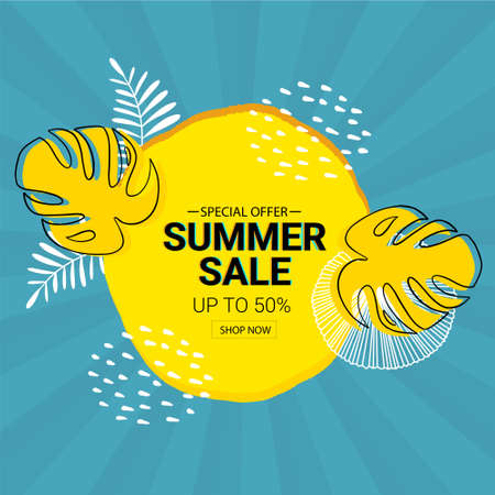 Summer sale template. A big yellow sun with tropical leaves. Special offer up to 50 percent. Yellow and blue colors.のイラスト素材