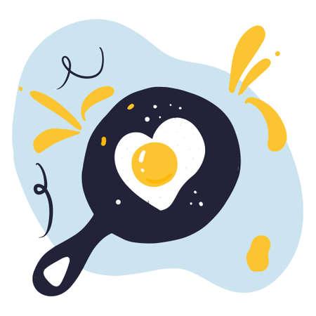 Fried egg in a frying pan in the form of a heart. Flat cartoon styleのイラスト素材