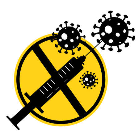 Warning Stop sign Vaccination, a syringe crossed out with virus molecules in yellow and black colors.のイラスト素材
